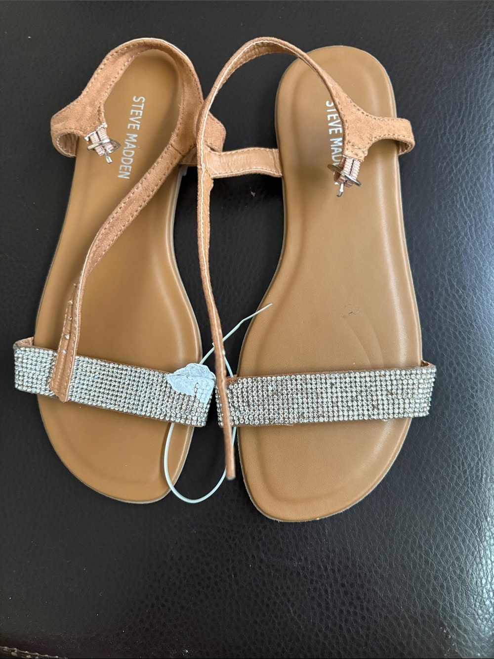Steve Madden Tan Gem-Embellished T-Strap Sandals